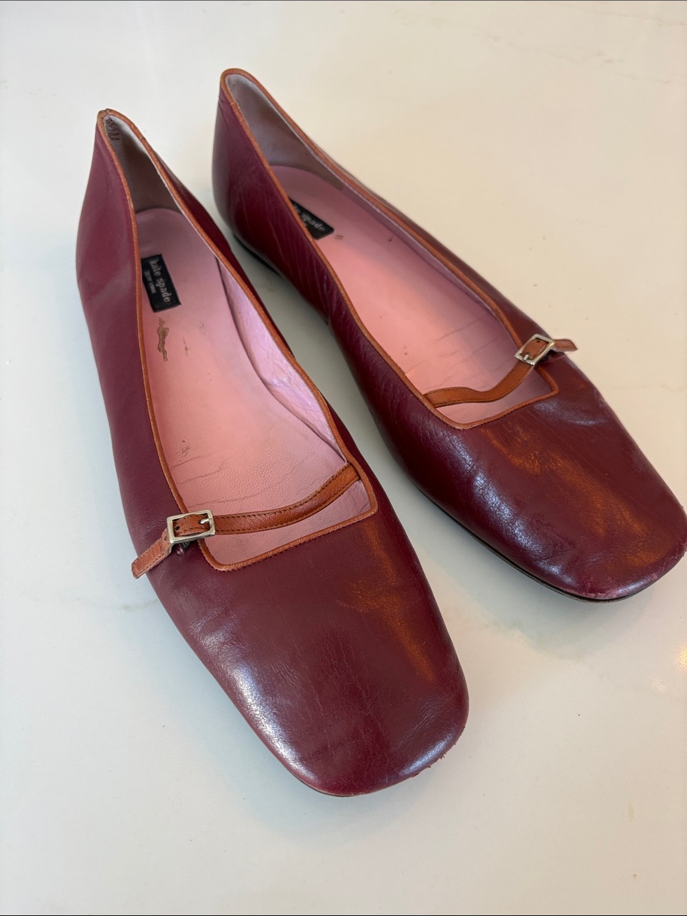 kate spade Burgundy Leather Square-Toe Flats with Tan Trim